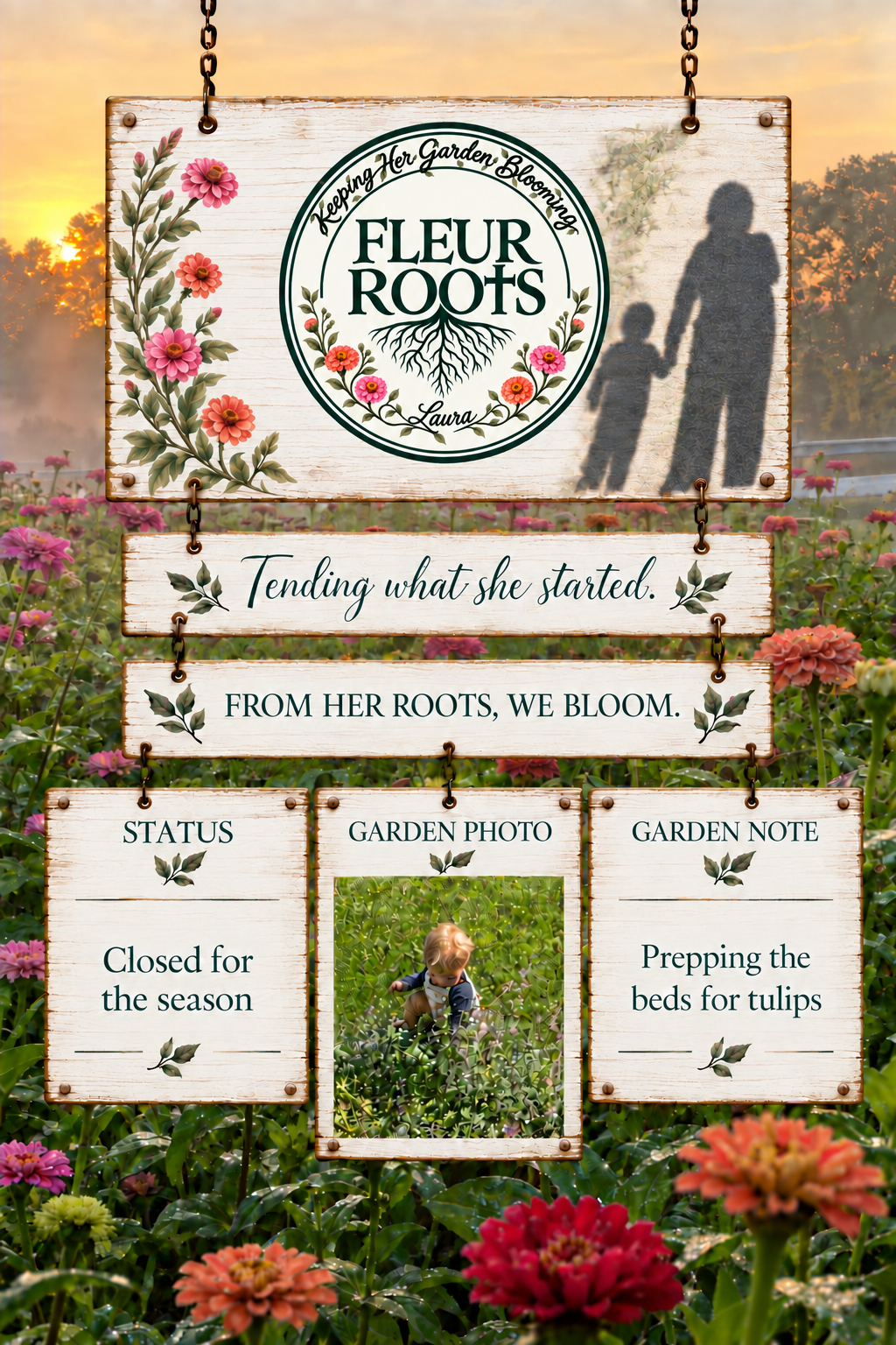 Fleur Roots flower stand homepage: Keeping Her Garden Blooming. Tending what she started. From her roots, we bloom. Status: Closed for the season. Garden photo: A child exploring the flower garden. Garden note: Prepping the beds for tulips.