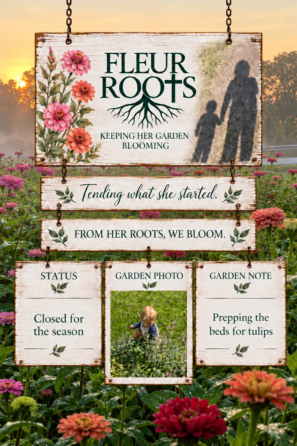 Fleur Roots flower stand homepage: Keeping Her Garden Blooming. Tending what she started. From her roots, we bloom. Status: Closed for the season. Garden photo: A child exploring the flower garden. Garden note: Prepping the beds for tulips.